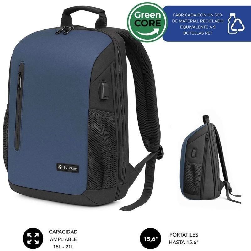 Mochila subblim xpand air padding backpack para portátiles hasta 15.6'/ 21l/ puerto usb/ azul