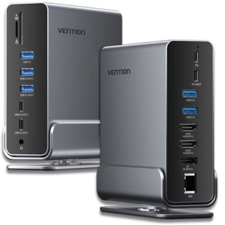 Docking usb tipo-c vention tpuh0/ 2xhdmi 4k/ 1xdisplayport/ 3xusb tipo-c/ 5xusb/ 1xrj45/ 1xlector de tarjetas/ 1xjack 3.5/
