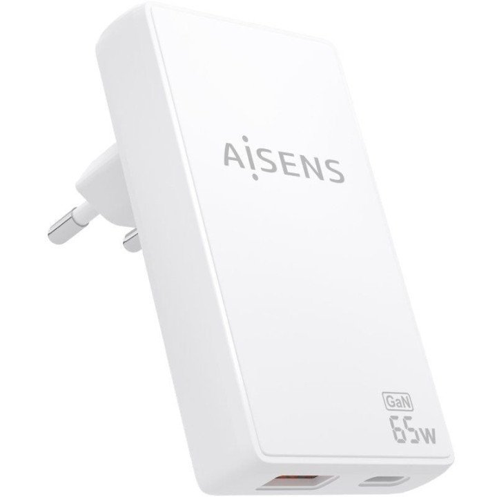 Cargador de pared gan aisens asch-65w2p076-w/ 1xusb tipo-c/ 1xusb/ 65w/ blanco