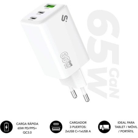 Cargador de pared gan subblim 65w charger usb c+c+a/ 2xusb tipo-c/ 1xusb/ 65w