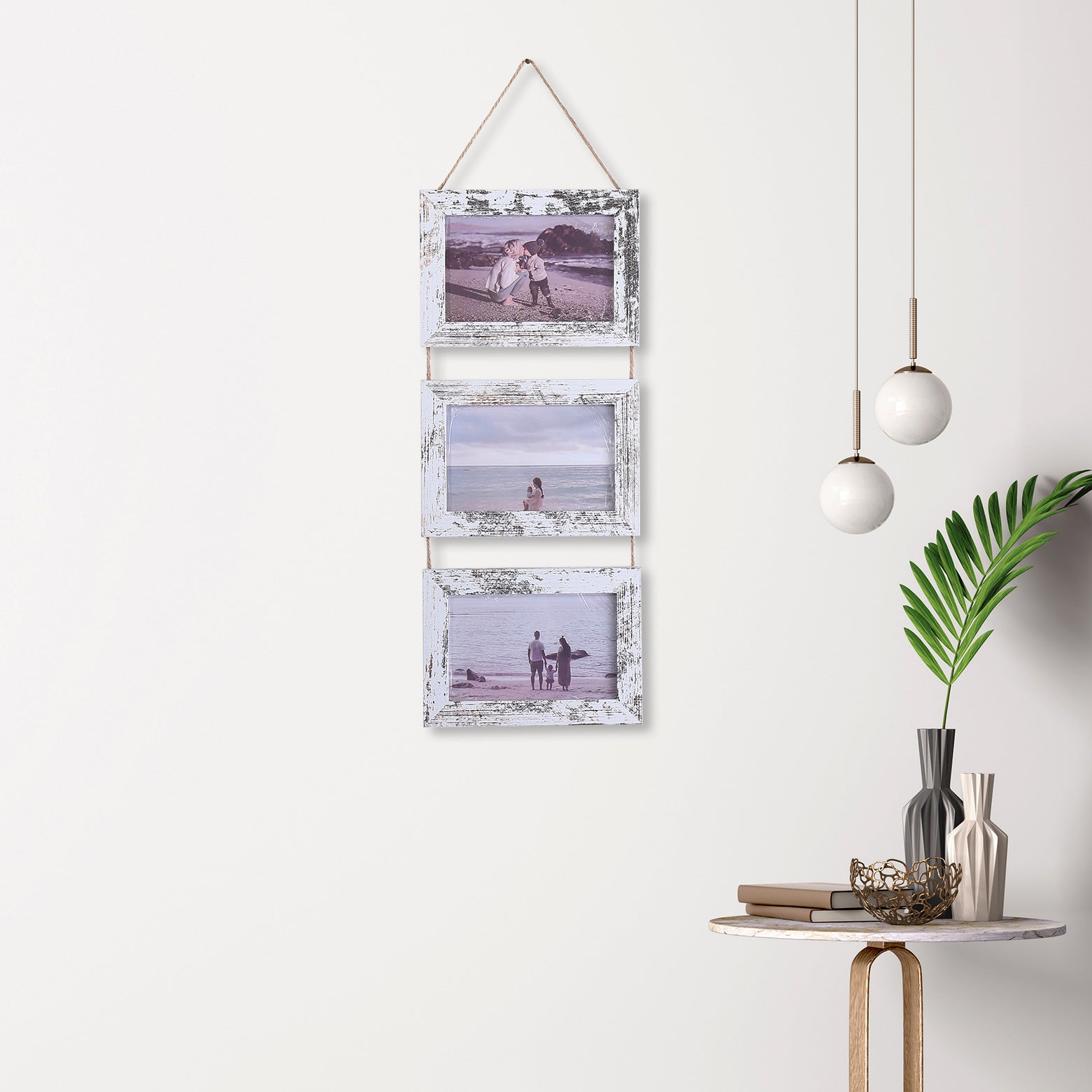 Vintage Modern Minimalist Rope Frame 6-Inch Triple Hanging Photo Wall Wooden Picture Frame Empty Handmade