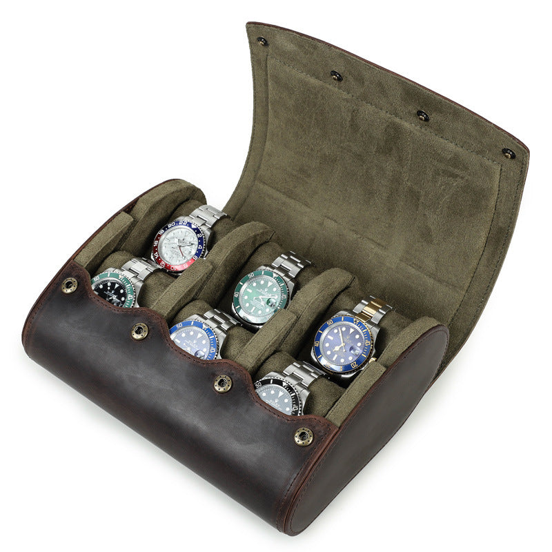 Vintage Crazy Horse Leather 6-Piece Watch Storage Box, Travel Portable Oval Handmade Genuine Leather Watch Case