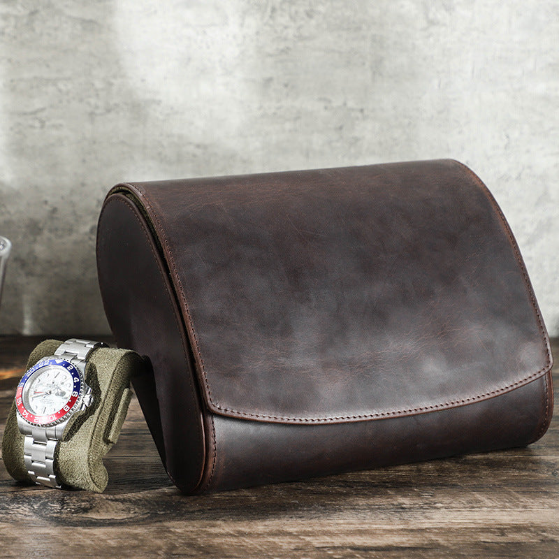 Vintage Crazy Horse Leather 6-Piece Watch Storage Box, Travel Portable Oval Handmade Genuine Leather Watch Case