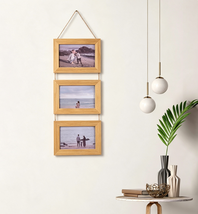 Vintage Modern Minimalist Rope Frame 6-Inch Triple Hanging Photo Wall Wooden Picture Frame Empty Handmade