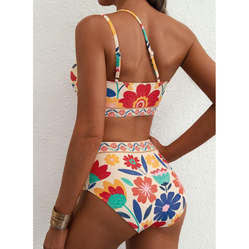 New women's high waisted bikini set with one shoulder floral print swimsuit, 2-piece set, belly cinching swimsuit