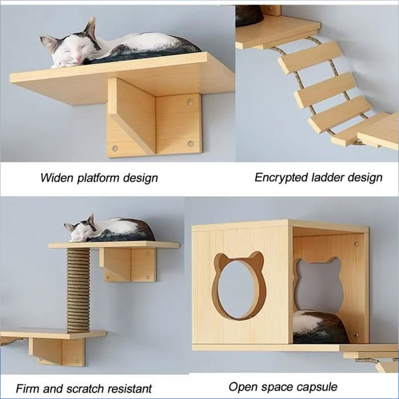 Wall-Mounted Cat Hammock & Sisal Scratch Post Set – Space-Saving Cat Activity Shelves, Climbing Tree & Bed for Indoor Cats