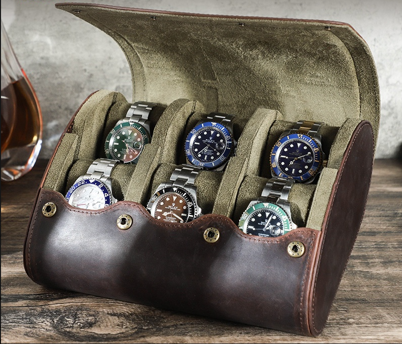 Vintage Crazy Horse Leather 6-Piece Watch Storage Box, Travel Portable Oval Handmade Genuine Leather Watch Case