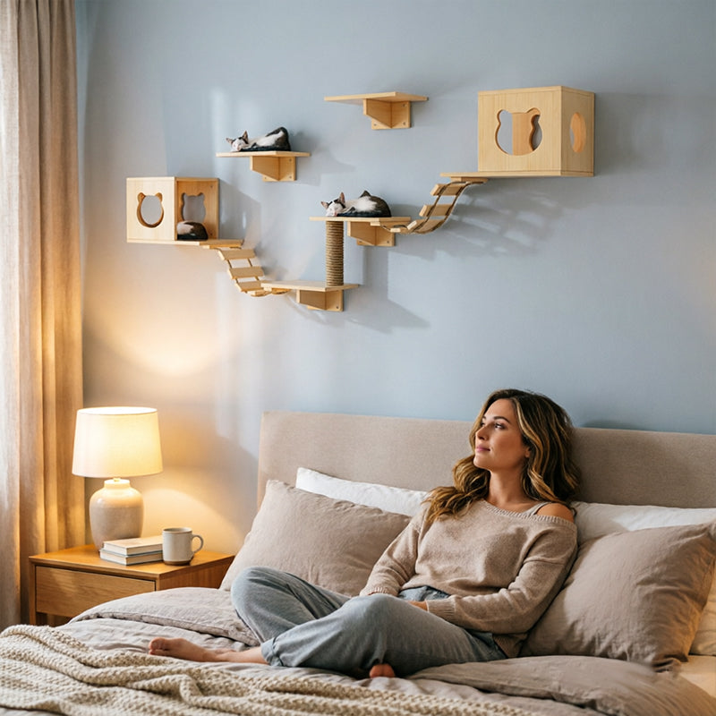 Wall-Mounted Cat Hammock & Sisal Scratch Post Set – Space-Saving Cat Activity Shelves, Climbing Tree & Bed for Indoor Cats
