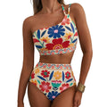 New women's high waisted bikini set with one shoulder floral print swimsuit, 2-piece set, belly cinching swimsuit