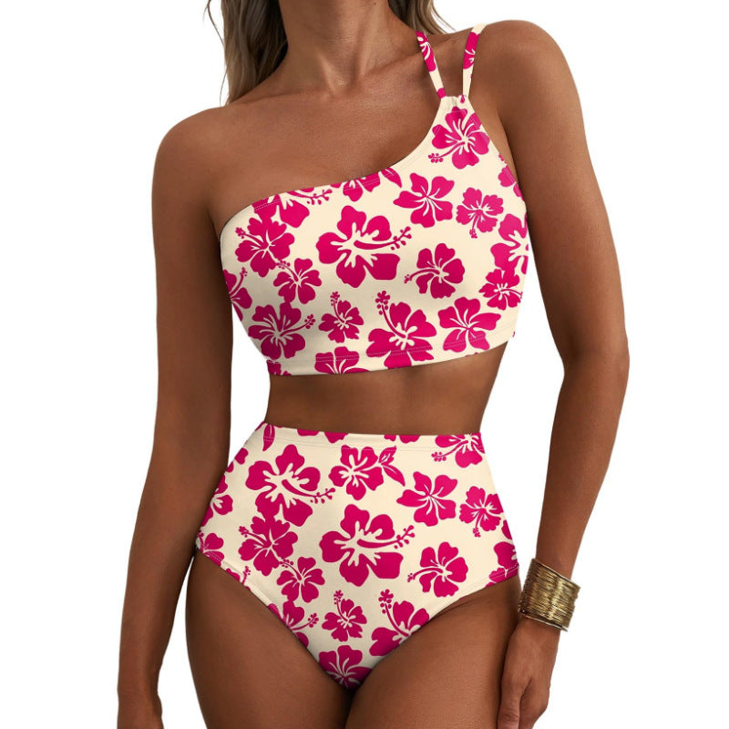 New women's high waisted bikini set with one shoulder floral print swimsuit, 2-piece set, belly cinching swimsuit
