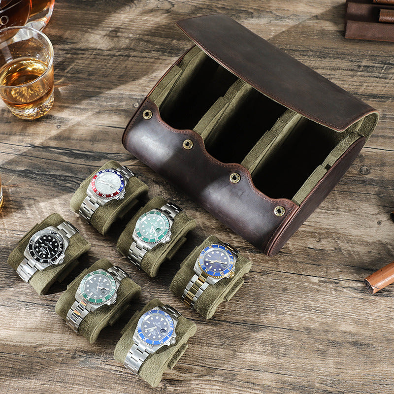 Vintage Crazy Horse Leather 6-Piece Watch Storage Box, Travel Portable Oval Handmade Genuine Leather Watch Case